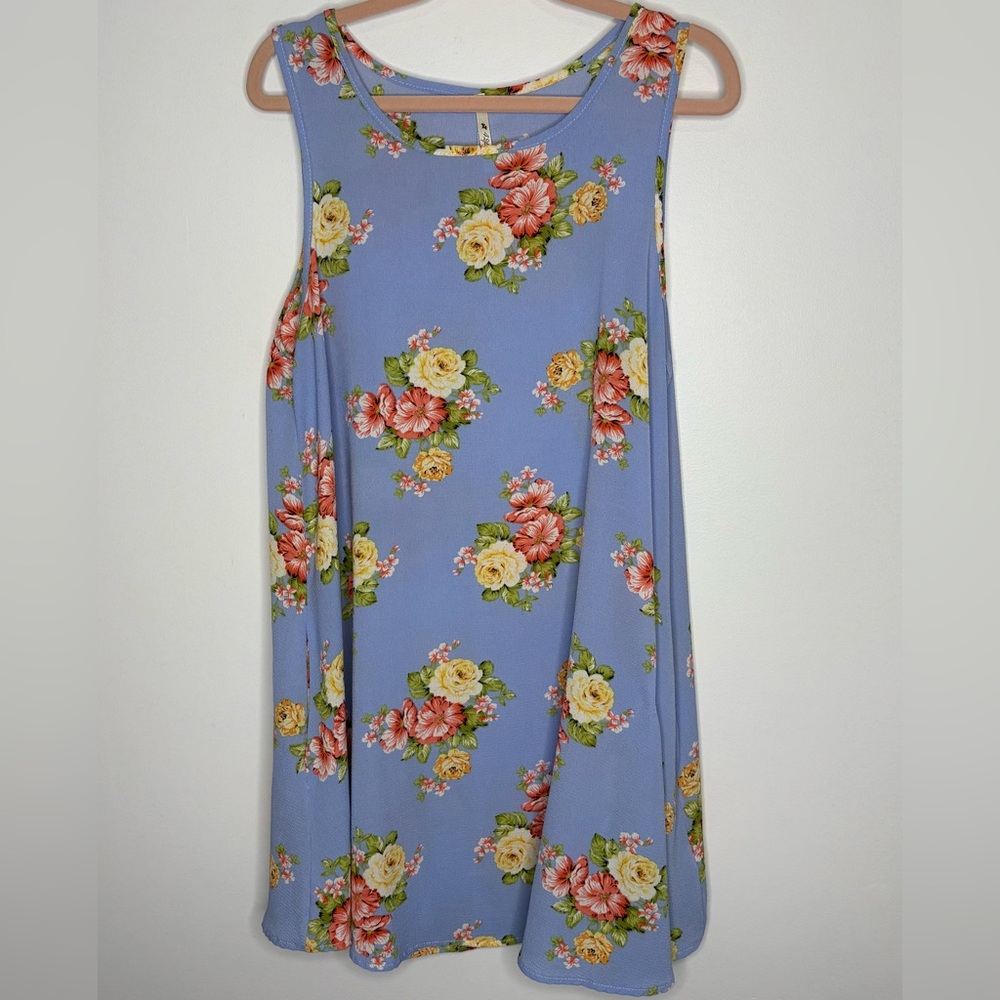 42Pops Tunic Size L Floral Blue Sleeveless with Pockets